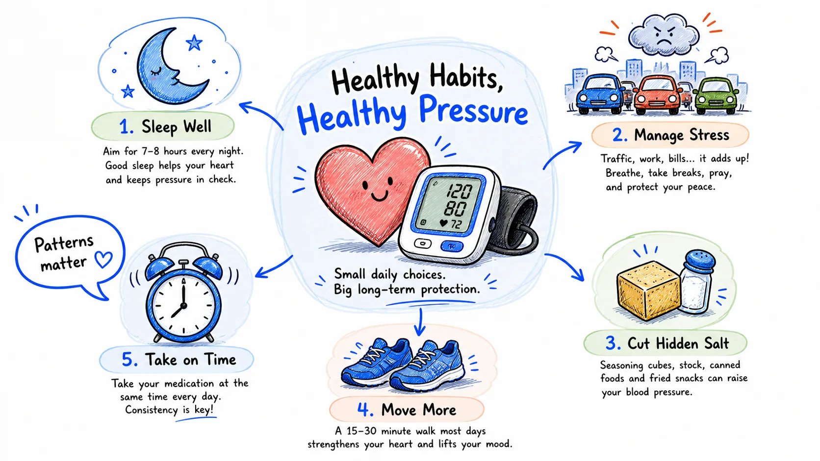 Daily factors that can affect blood pressure readings, including stress, sleep, caffeine, movement, and timing