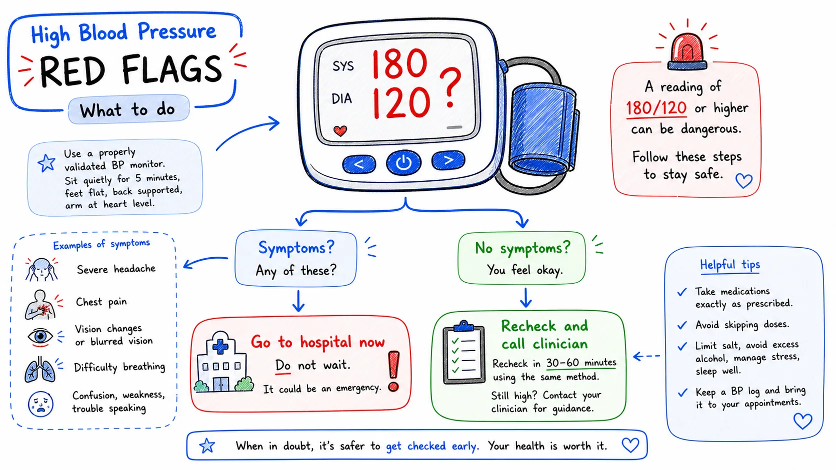 Blood pressure red flags including severe headache, chest pain, breathing problems, vision changes, and weakness on one side of the body